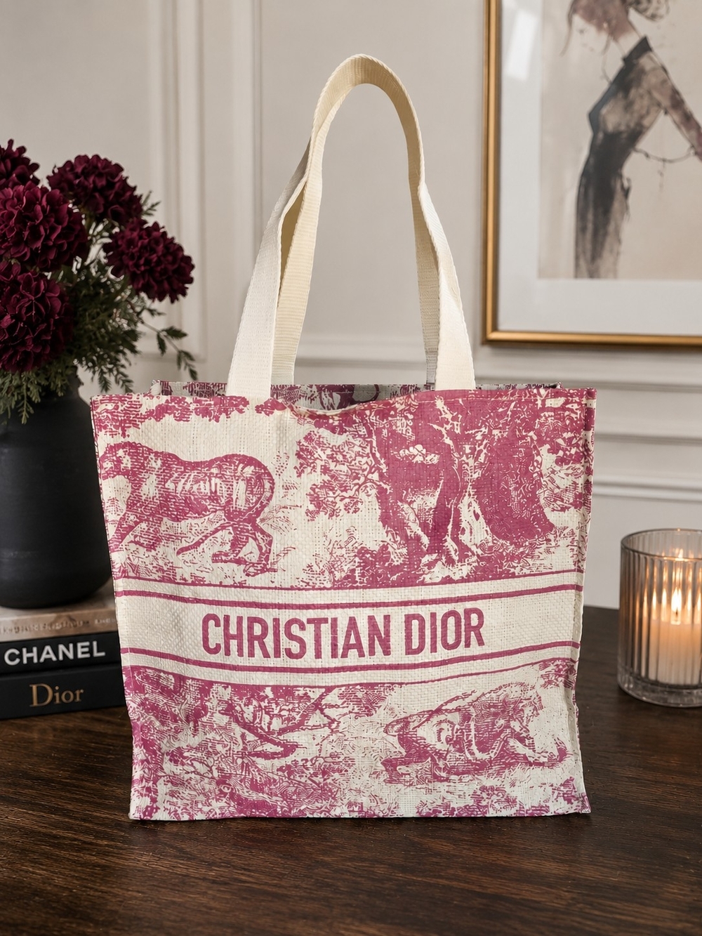 Christian Dior Dioriviera Plum Straw Tote Bag + Custom Organizer Insert NEW